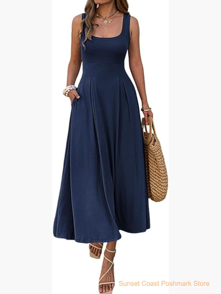 Sleeveless Maxi Dress Square Neck Empire Waist Flowy A-Line With Pockets